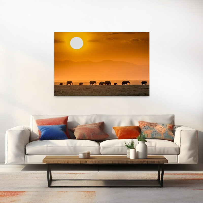 Elephant Family Sunset Peaceful Serene Abstract Elephant Landscape Nature Wall Art Print by Jeffrey C. Sink - 1 Piece Wrapped Canvas Wall Art