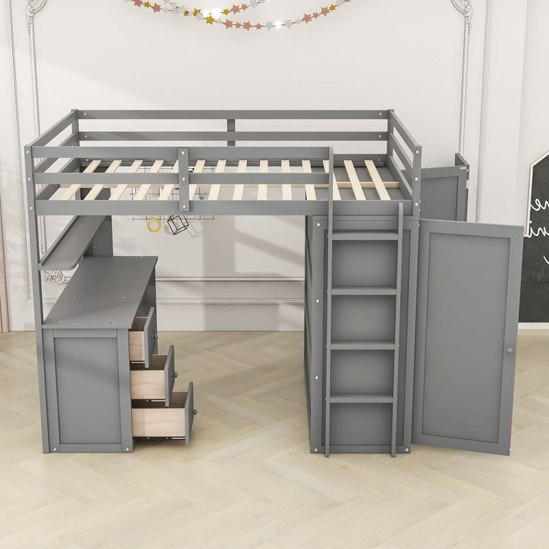 Keisler Full Size Wood Loft Bed with 3 Drawers, Desk and Wardrobe, Gray