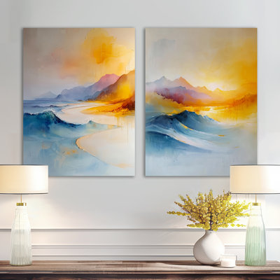 «Oceanic Waves on Minimalisme Coastal Scenery I - Blue Desert», reproduction murale 2 pièces