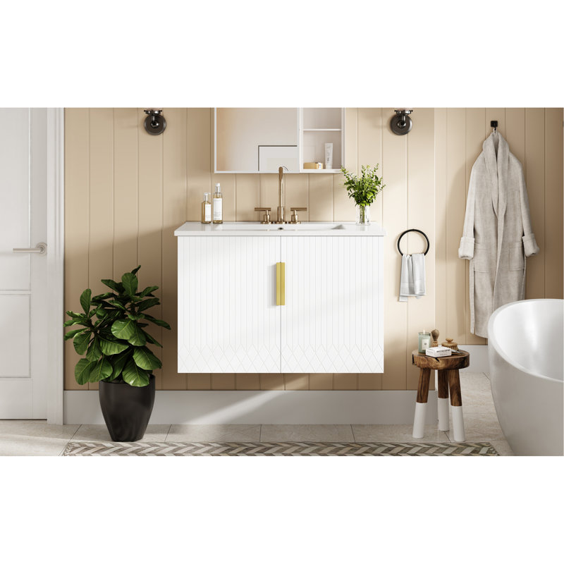 Meuble-lavabo de salle de bain vintage 30 po avec lavabo en céramique, lavabo simple en céramique à 3 trous, meuble-lavabo avec 2 portes à fermeture douce