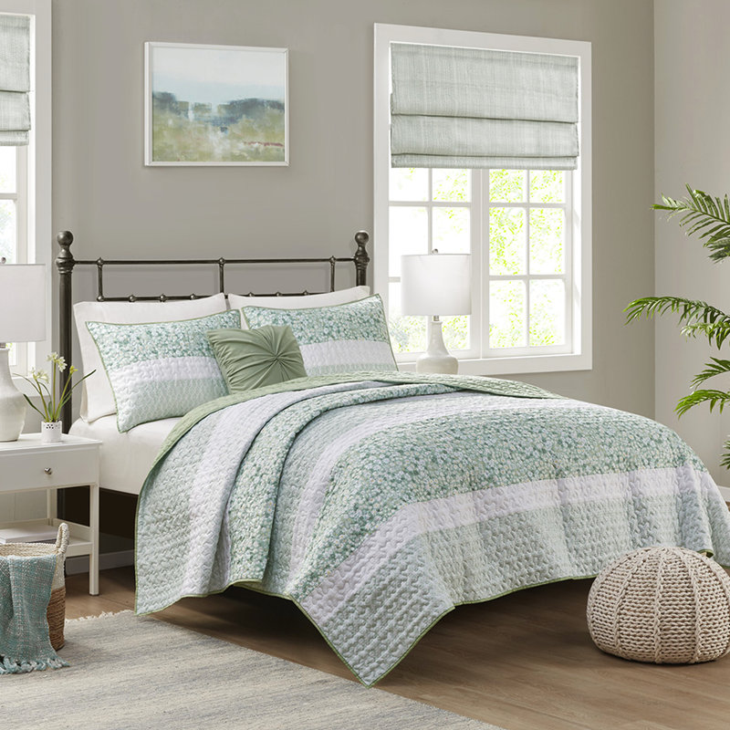 Courtepointe double en seersucker, literie Shabby Chic, 100%, lavable à la machine avec coussin 4 pièces, bourre florale, jeté