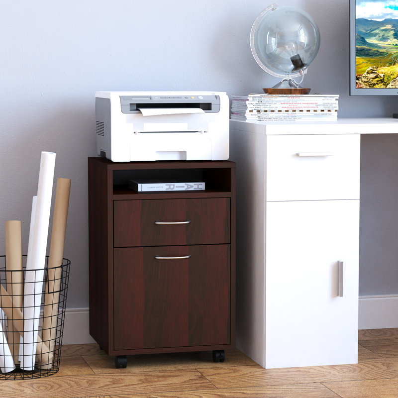 Support d'imprimante et organisateur de rangement mobile brun avec tiroir, amplement d'espace pour les accessoires de bureau, 4 roulettes omnidirectionnelles, s'adapte sous le bureau, structure de cadre