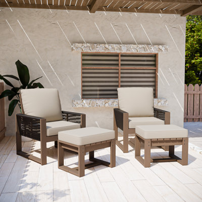 4-Piece Outdoor Patio Cedar Wood Brown Round Wicker Lounge Chair Conversation Set with Olefin Thick Cushions, Ottomans