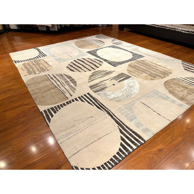 Tapis neutre moderne 8 x 10 | Tapis en laine noué à la main Népal | Motif abstrait de cercle géométrique | Tapis de salon beige Luxury