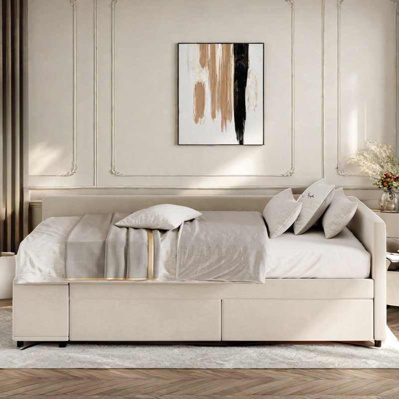 L-shaped Velvet Upholstered Platform Bed With Built-in Side Storage And 2 Drawers, Beige