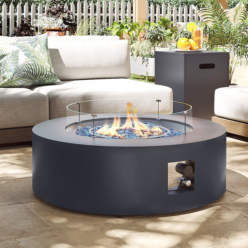 50000BTU, 12" H x 40.5" W Outdoor Iron Propane Fire Pit Table with Lid and Wind Guard