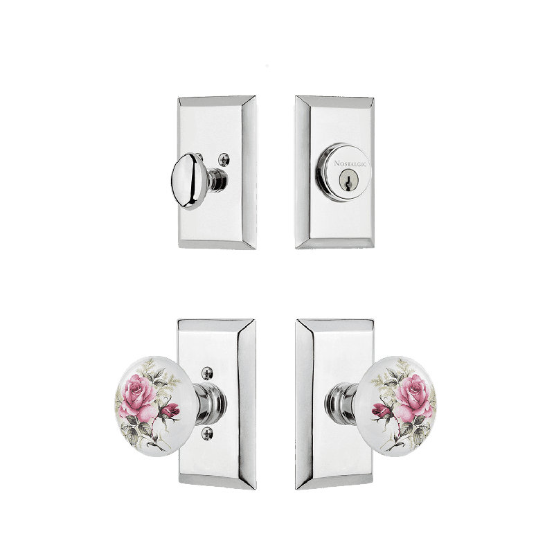 Ensemble d'entrée Nostalgic Warehouse Studio avec bouton en porcelaine rose blanche, Nickel satiné