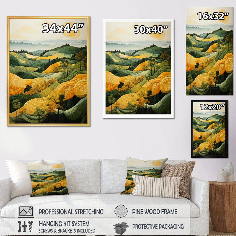 «Balon Yellow and Green Pastoral Bold Landscape VII», reproduction sur toile, H 40 po x l 30 po x P 1,5 po, Encadrement doré