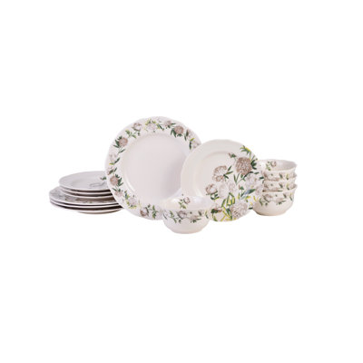 222 Fifth Luxe Peony Neutral Porcelain Dinnerware Set - Service For 4, Plate & Bowl Set