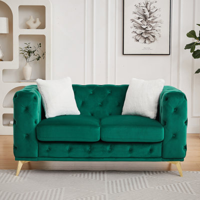 61.25-Inch Modern Luxury Velvet Sofa With Chesterfield Button Tufting And Metal Legs, Includes Two Decorative Pillows.