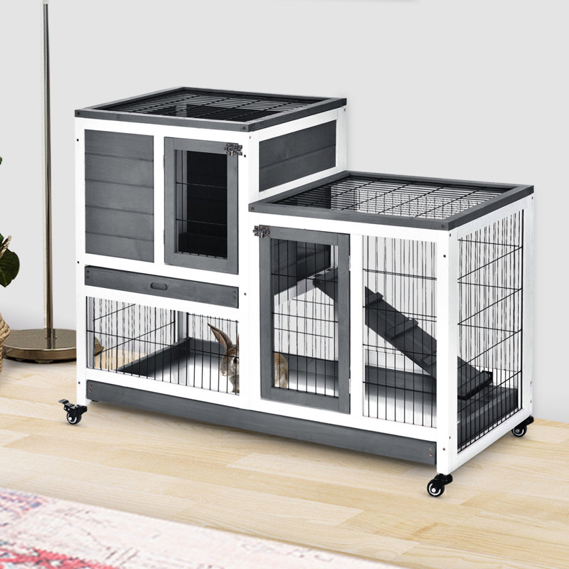 Wooden Rabbit Cage With Portable Wheels And Removable Agility Obstacle, Grey Secure Locking System,