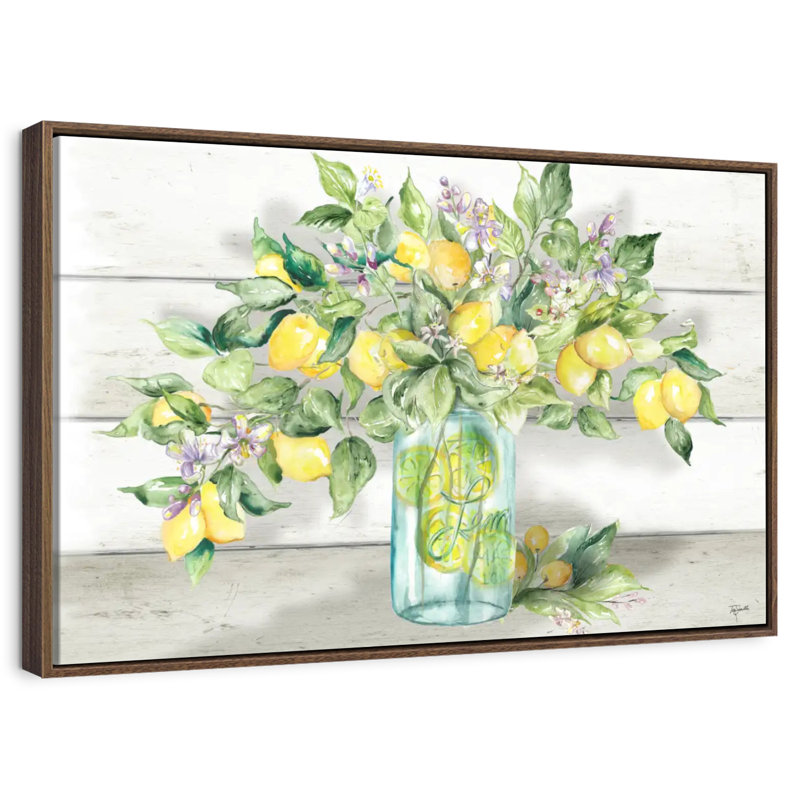 Aquarelle de citrons dans un pot Mason, Cadre flottant noyer, 31 po x 21 po