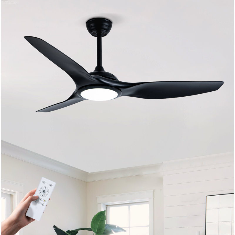 Ventilateurs de plafond modernes d'inspiration hélice avec lumières avec moteur à courant continu réversible silencieux et télécommande, noir mat