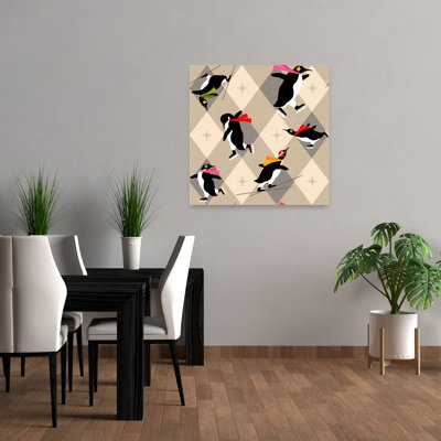 «Penguins Winter Fun» géométrique moderne ludique oiseau pingouin paysage d'hiver, reproduction d'art mural