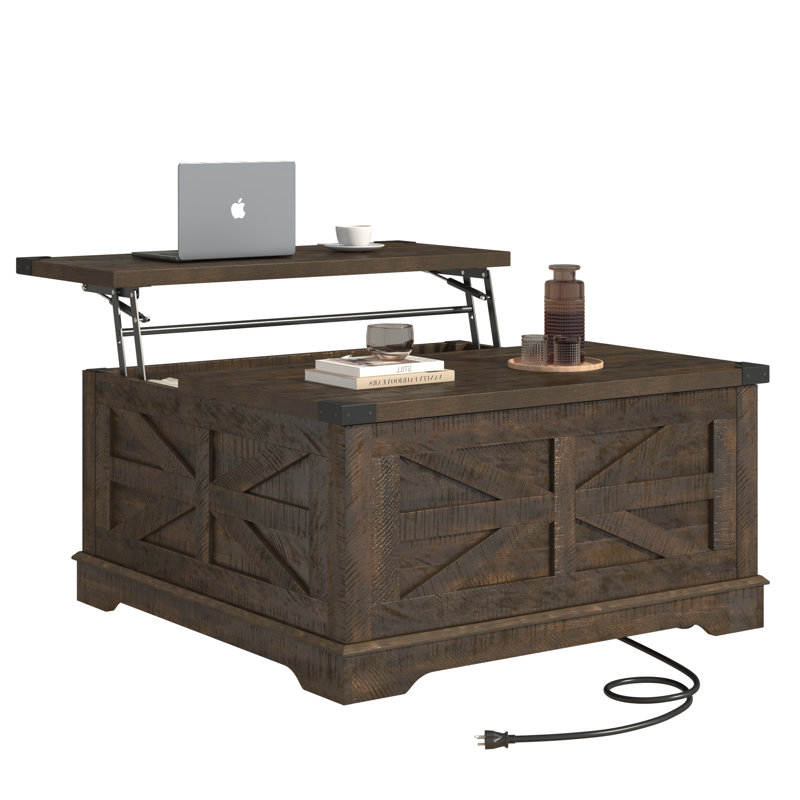 36" Farmhouse Movable Lift Top Coffee Table with Storage and Power Outlets, Square Wood Living Room Tables with Wheels and Large Hidden Space, Lift Wooden Barn Door Center Table