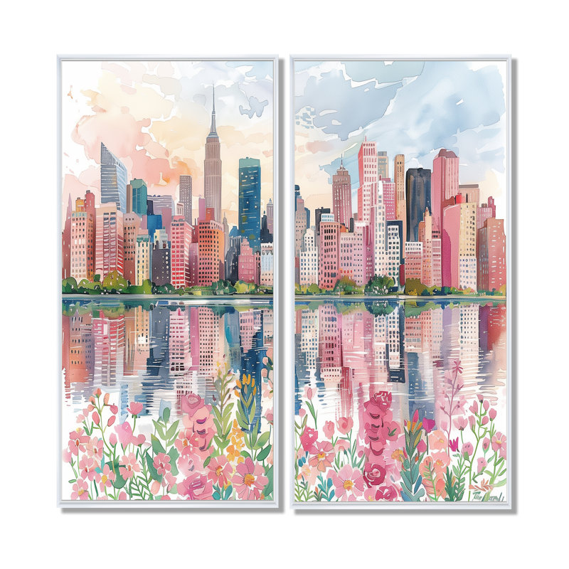 Édifices muraux roses et bleus de New York - Art mural rose 2 pièces, H 40 po x l 40 po, Impression encadrée flottante, Blanc