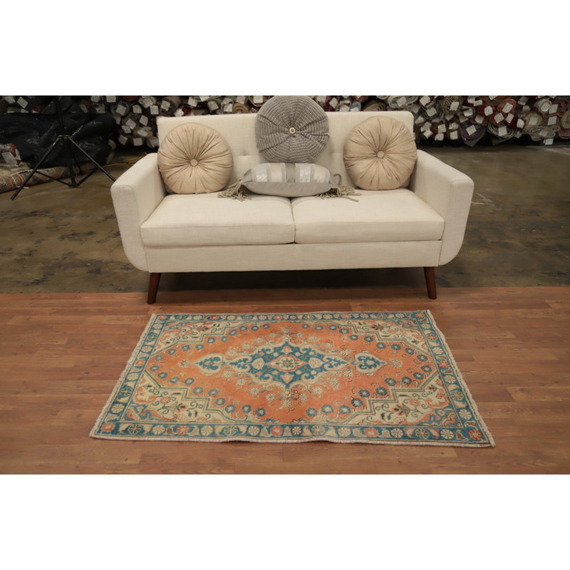Tapis traditionnel géométrique en laine orange 3 x 4