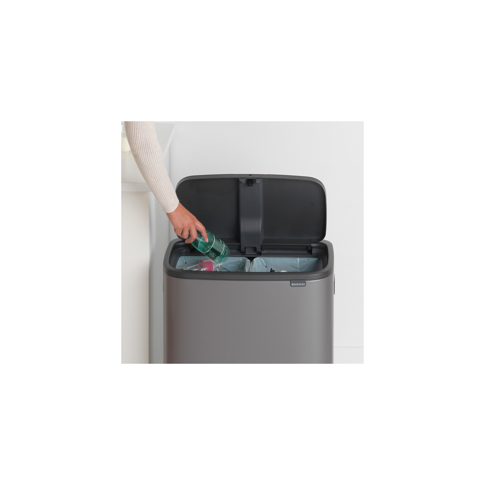 Brabantia Bo Touch Top Dual Compartment Recycling Trash Can, 2 x 8 Gallon (16 Gallon Capacity), Platinum