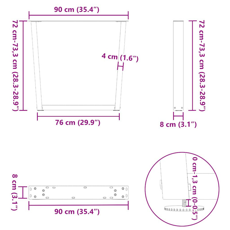 Table Leg, Black, 73.3cm H x 90cm W