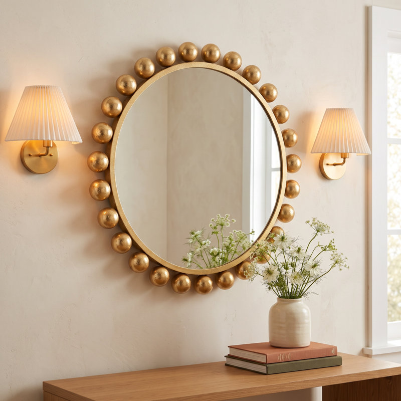 Asana Metal Round Wall Mirror, Gold Foil