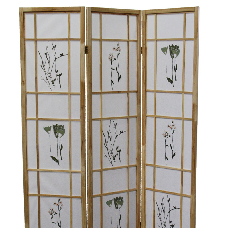 Cloison 3 traditionnelle de style asiatique de 70 po en pin massif naturel avec imprimé floral, paravent 50 po x 70 po H 3 pouces, finition, pin, style asiatique