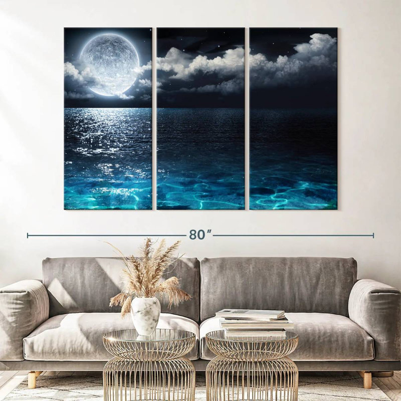" Moonlit Blue Sea " 3 - Pieces, 42" H x 65" W x 1.25" D