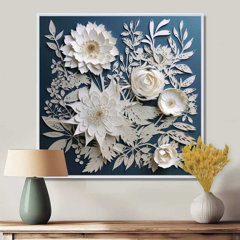 «Ryot White and Blue Flowers Bouquet Elegance», reproduction sur toile, H 36 po x l 36 po, Cadre flottant blanc