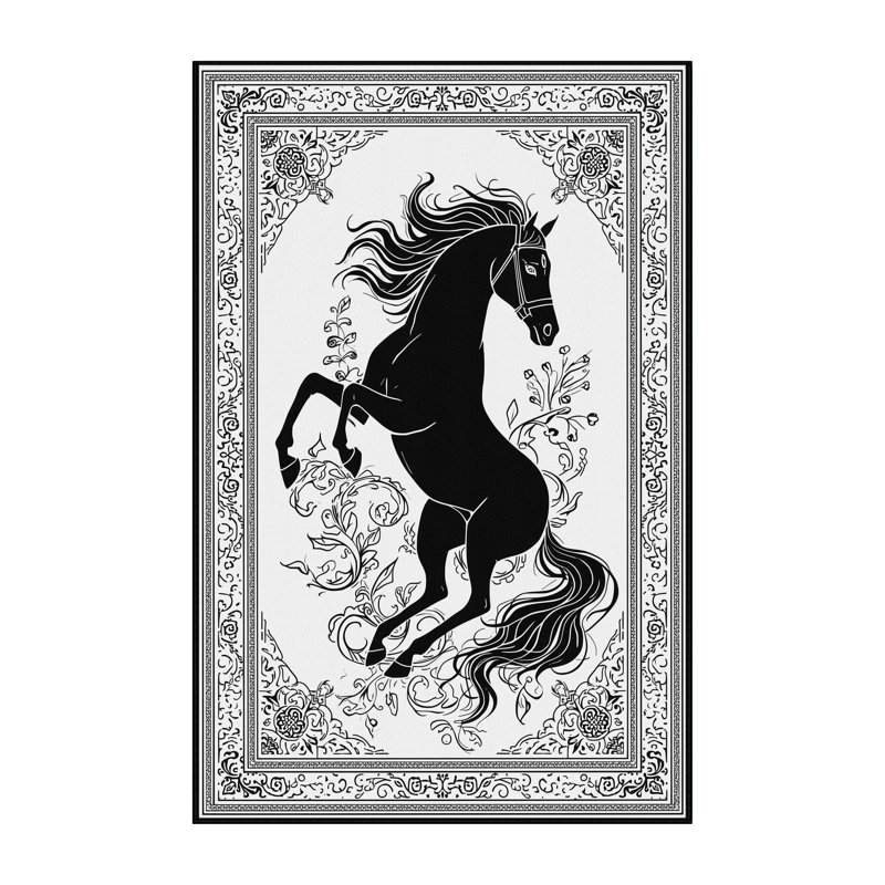 Tapis oriental doux et moelleux à motif oriental cheval bleu et noir, 4 x 2