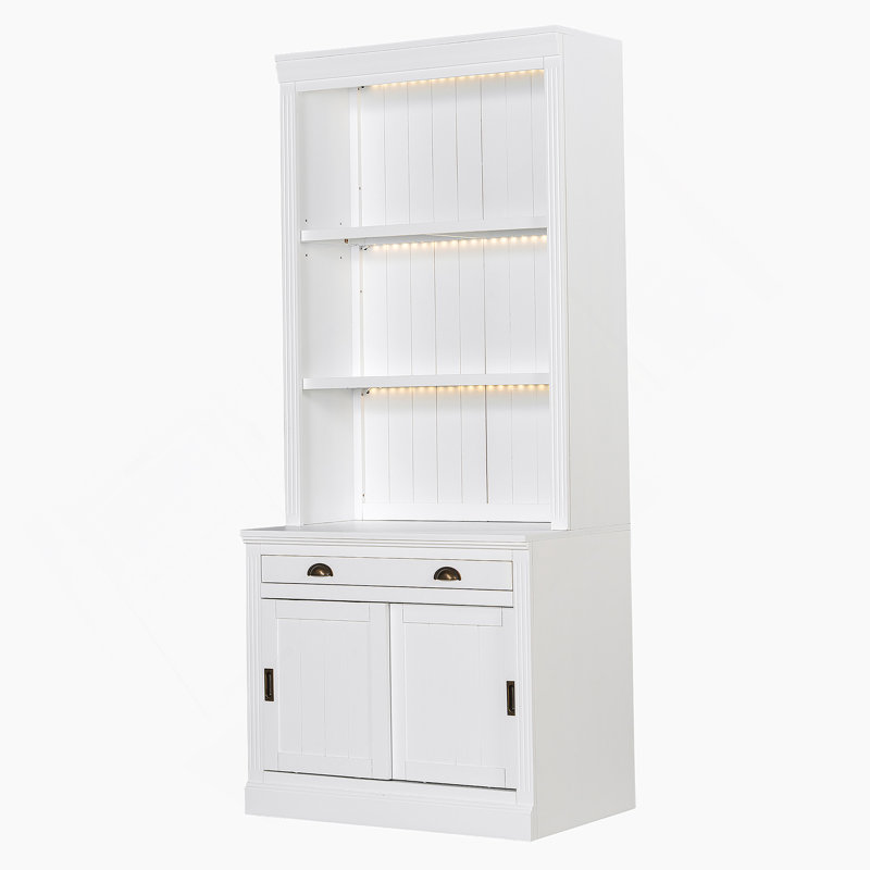 83.4"Tall Bookshelf With 3-Layer LED Lightings, Modern Bookcase With Sliding Doors And Open Shelves,Storage Bookshelf For Living Room,Home Office,White