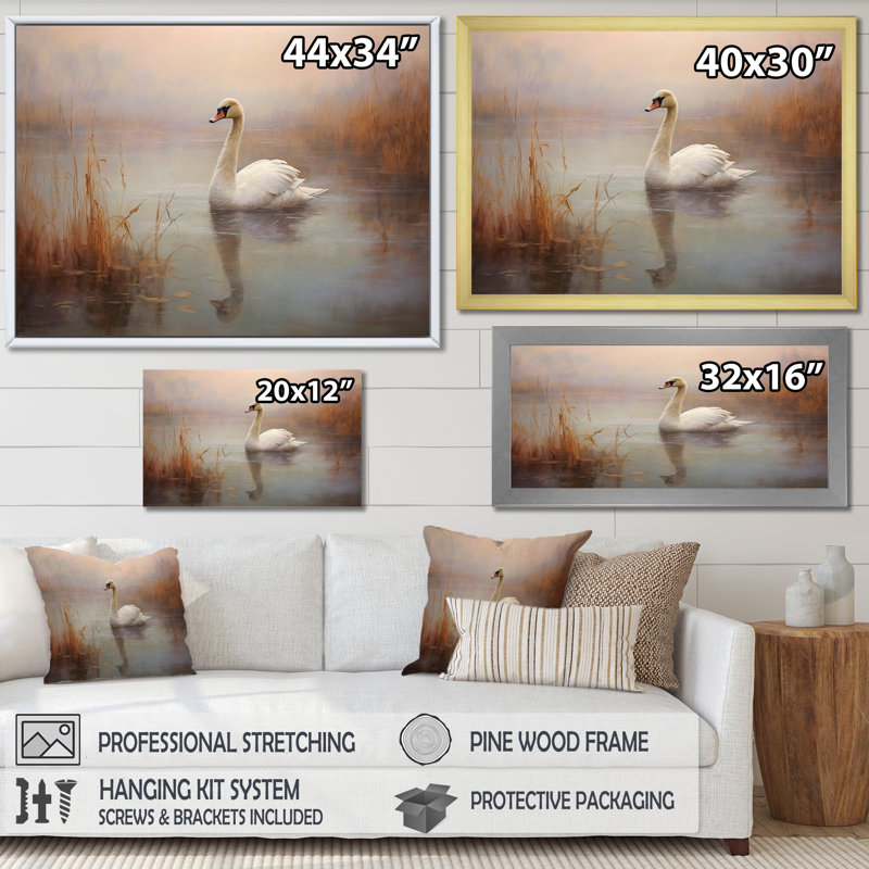 Cygne dans la brume III - cygnes, impressions sur toile, H 34 po x l 44 po x P 1,5 po, Toile tendue