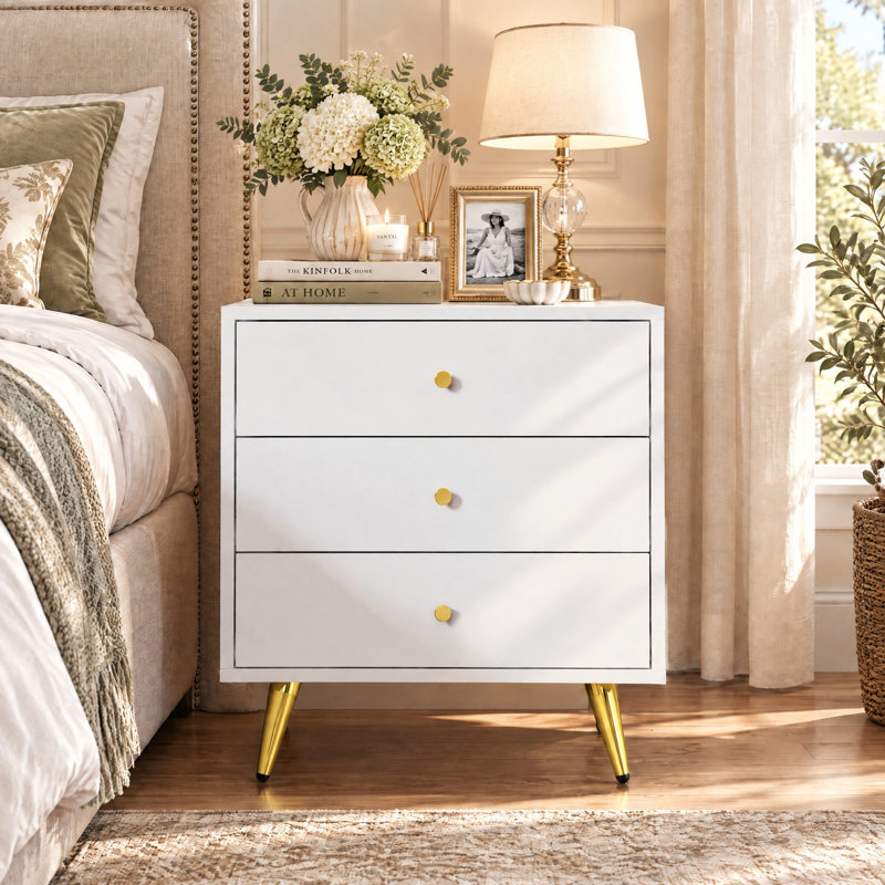 19.7" W 3-Drawer Nightstand with Gold Metal Legs and Handles, Modern Glam Bedside Table