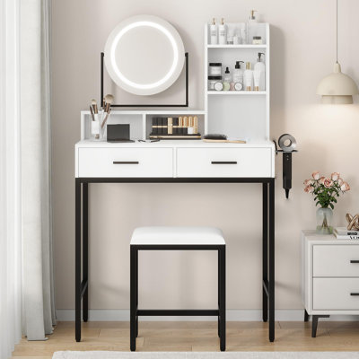 Meuble-lavabo avec miroir rotatif réglable, grande coiffeuse de 29 po avec 2 tiroirs et tabouret, coiffeuse de maquillage moderne pour la chambre à coucher