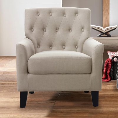 Accent ChairFabric Upholstered Comfy Arm ChairTufted Comfy Wood LegsBeige