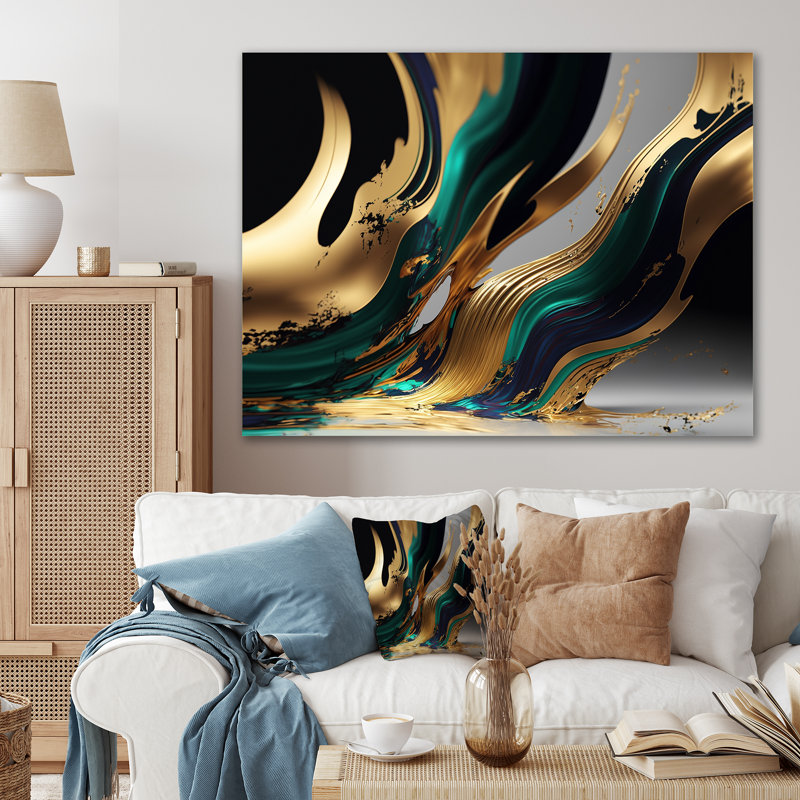 «Green and Gold Agate II», art abstrait sur toile transitionnel, H 16 po x l 32 po, Toile tendue, Sans cadre