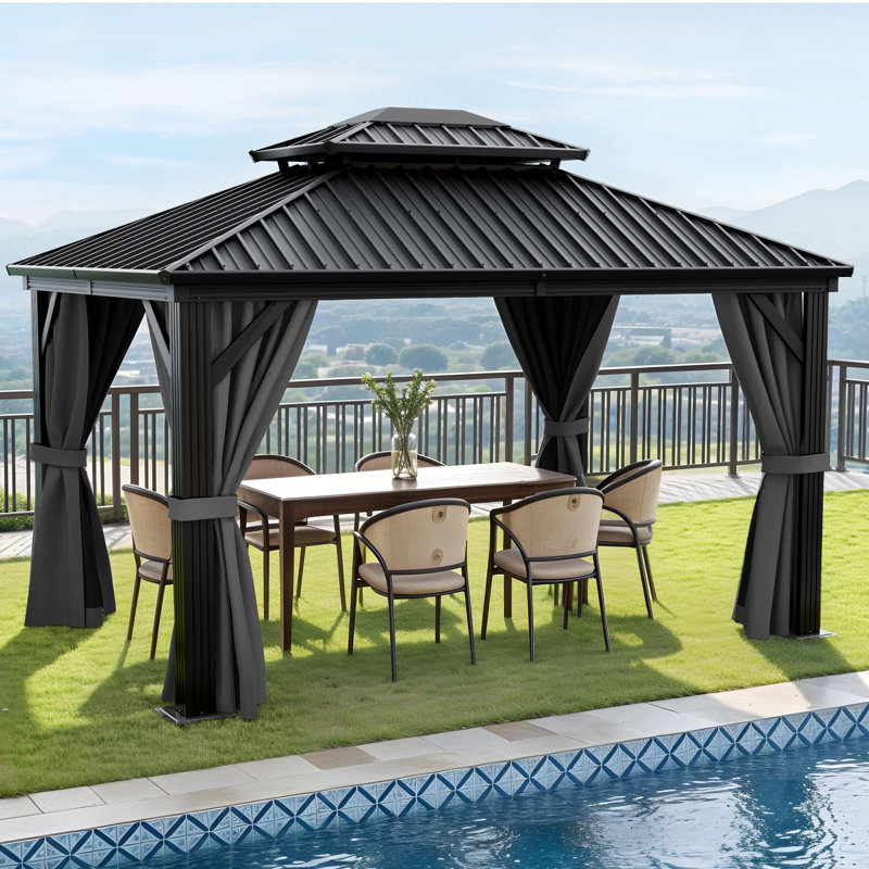 12' X 10' Aluminum Hardtop Gazebo – Double Roof Design with Weather-Resistant Canopy, Gray Curtains, Gray/Black
