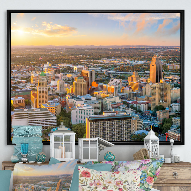 " San Antonio Downtown Texas I ", Black Floater Framed, 34" H x 44" W x 1.5" D