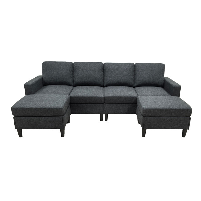 Linen Upholstered Modular Sectional With 2 Ottomans