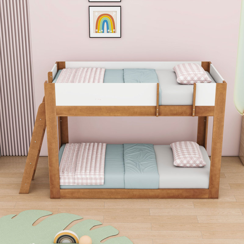 Lit superposé en bois avec échelle réversible et garde-corps, Simple sur simple, Noyer blanc