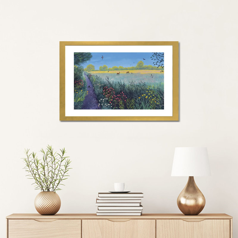 "Down Summer Lane" par Jo Grundy, reproduction d’art, H 16 po x l 24 po x P 1 po, Papier encadré doré, Blanc