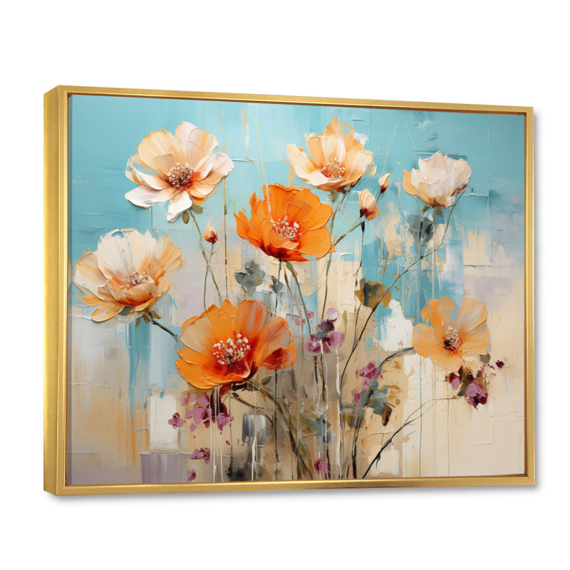 Représentation de cactus orange bleu - reproduction sur toile, H 30 po x l 40 po x P 1,5 po, Cadre flottant doré