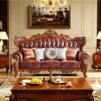 American Double-sided Carved Sofa Genuine Leather Rolled Arm Sofa -  FURNITURE LEISURE, INC., XJY7T0QP6OV