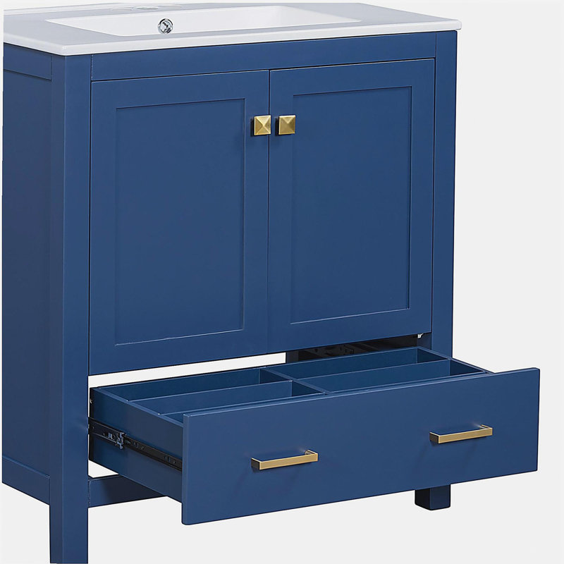 Meuble-lavabo de salle de bain bleu 30 po avec lavabo simple et base combinée avec 2 portes et tiroirs, Bleu