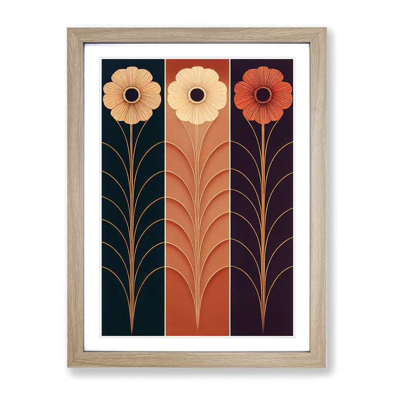 XV1022-3799X Retro Flowers No.1 - Single Picture Frame Print, 64cm H x 46cm W x 2cm D, Oak