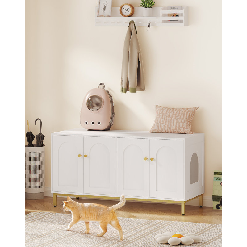 Cat Litter Box Enclosure for 2 Cats, 119cm Hidden Litter Box Furniture, Wooden Pet House, Cat furniture, Storage Cabinet Bench, Cats Condo, Cattery, White and Gold 
