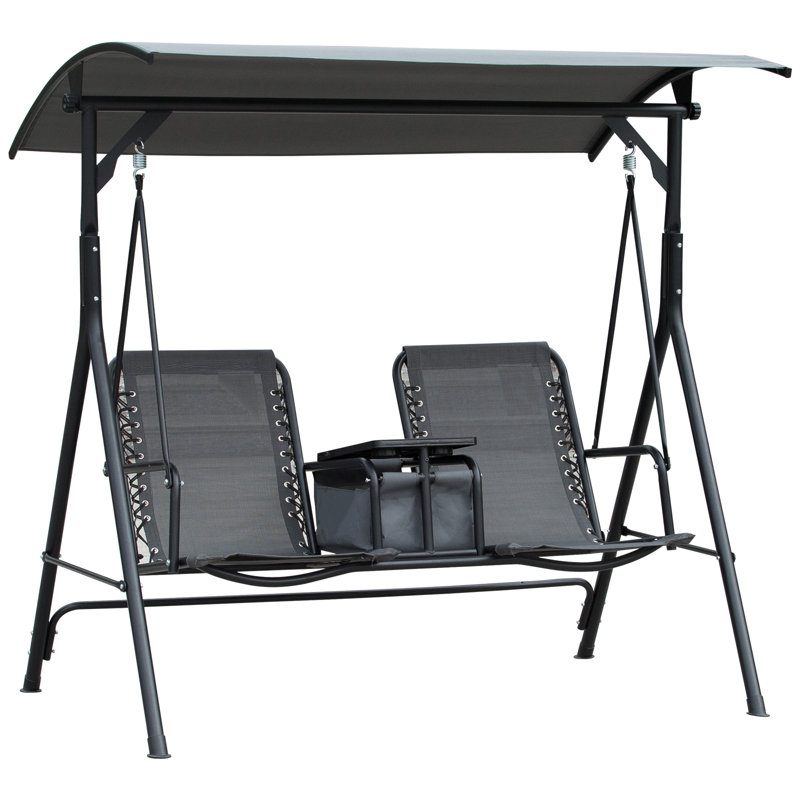 Gray 2-Person Outdoor Swing with Canopy and Storage Table