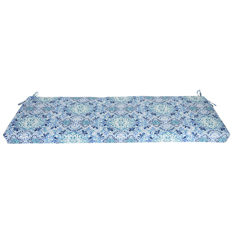 Outdoor Bench Cushion, 63" W x 19" D, White/Blue/Fiorella Baltic Moroccan