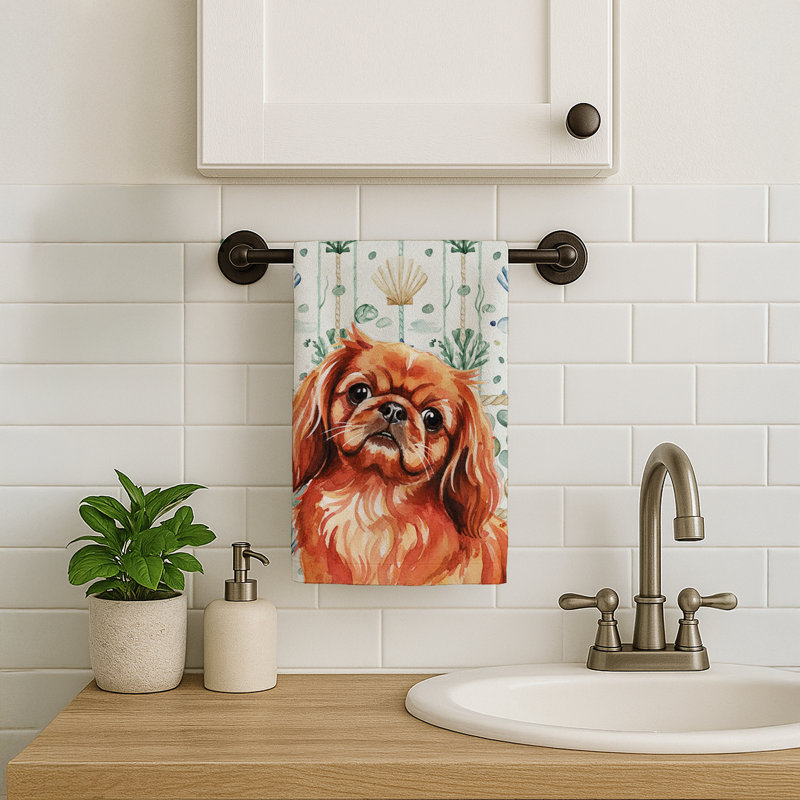 Red Pekingese Coastal Sea Glass Kitchen Towel, Red Pekingese