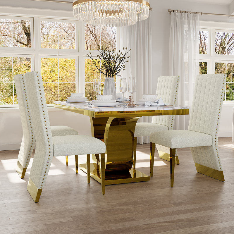 White And Gold Velvet Dining Chair With Polished Gold Metal Legs Set Of 4