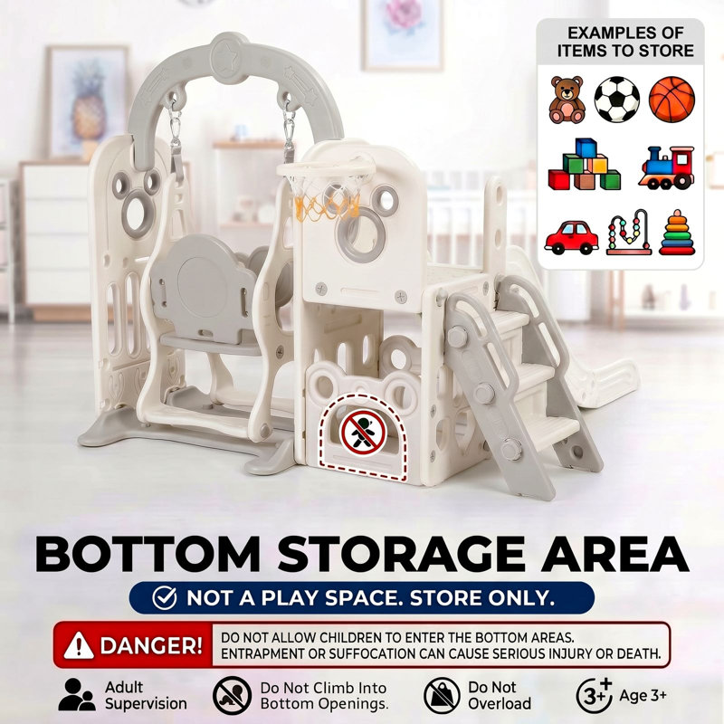 6 in 1 Toddlers Slide and Swing Set, Kids Slides w/Climber, Storage, Basketball Hoop, Ball, Suction Cup Reinforced