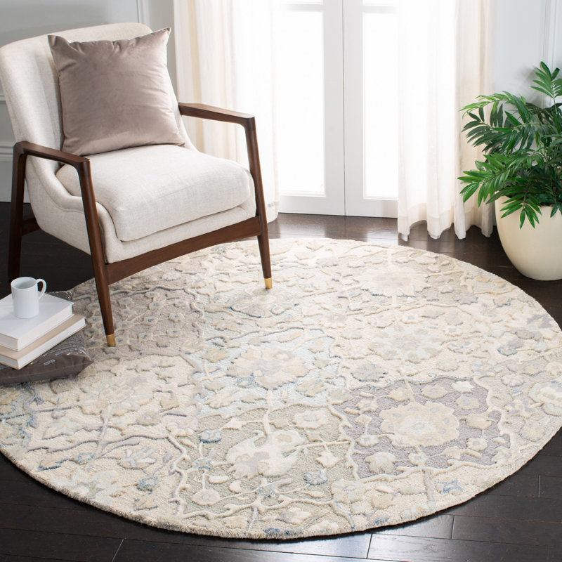 Aurelijus Oriental Handmade Tufted Wool Gray/Blue Area Rug, Round 6'